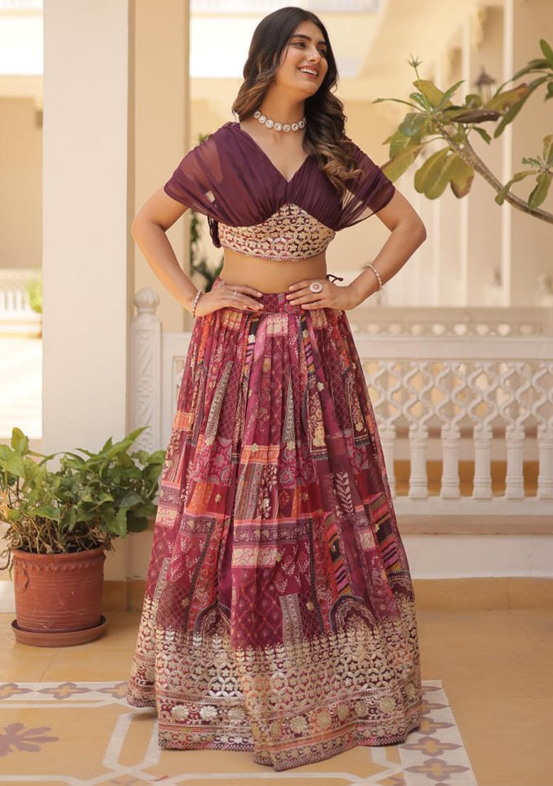 Wine Printed Russian Silk Lehenga Set