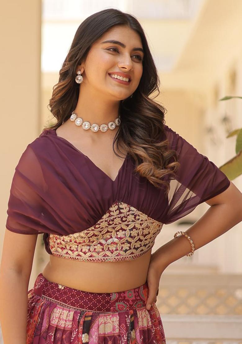 Wine Printed Russian Silk Lehenga Set