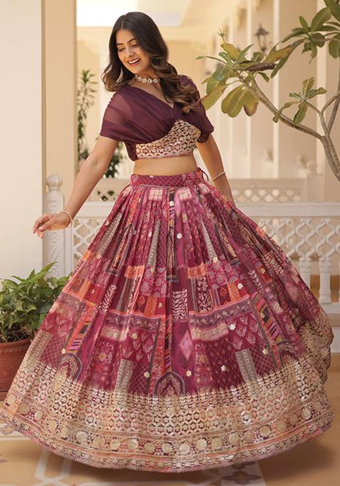 Wine Printed Russian Silk Lehenga Set