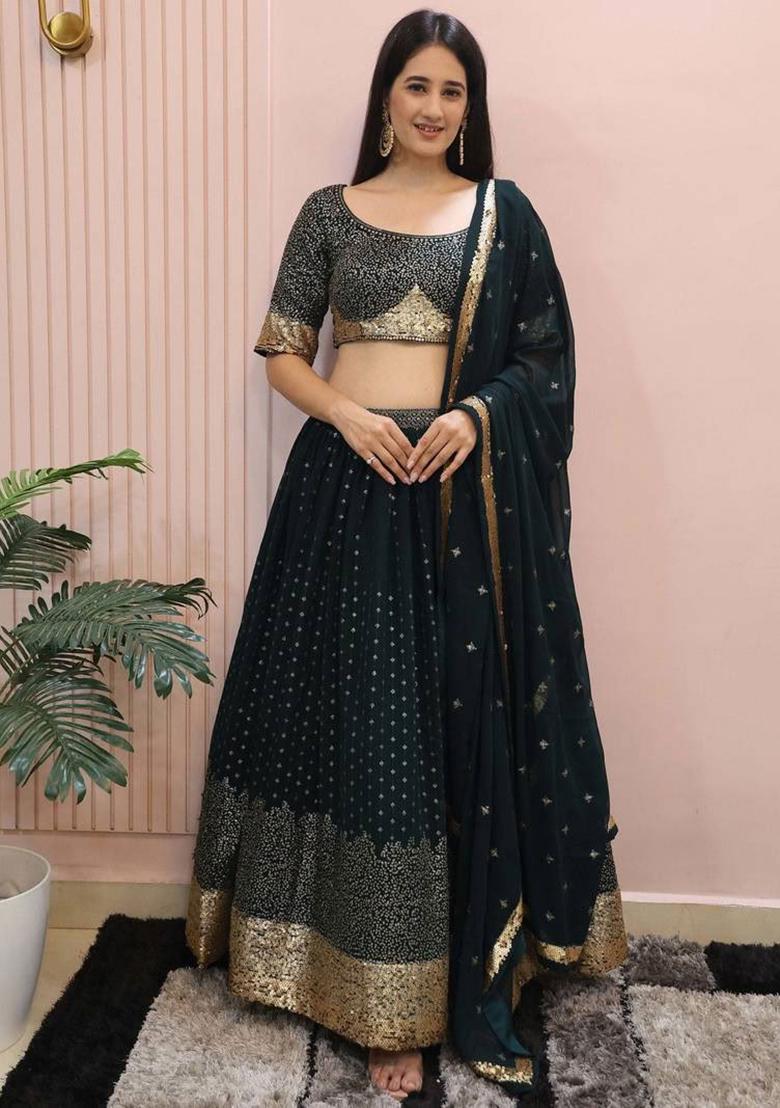 Green Embroidererd Georgette Lehenga Set With Dupatta