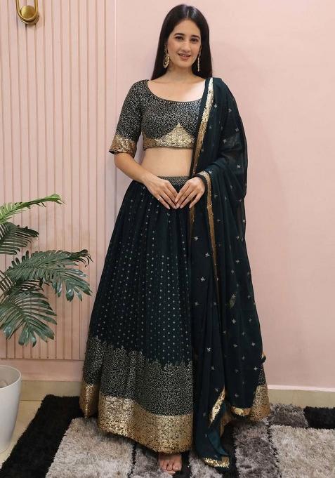 Green Embroidererd Georgette Lehenga Set With Dupatta