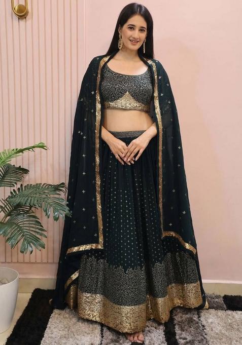 Green Embroidererd Georgette Lehenga Set With Dupatta