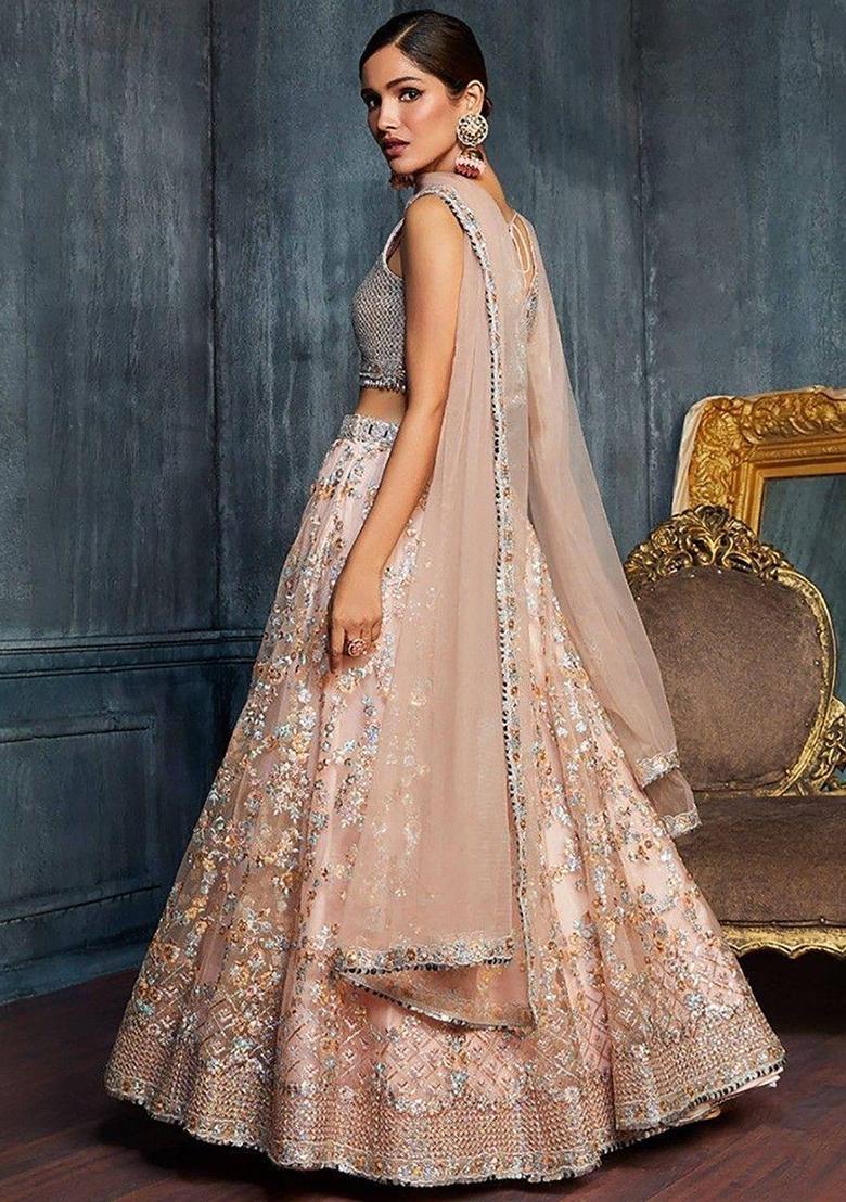 Peach Embroidererd Net Lehenga Set With Dupatta