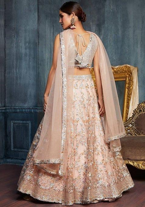 Peach Embroidererd Net Lehenga Set With Dupatta
