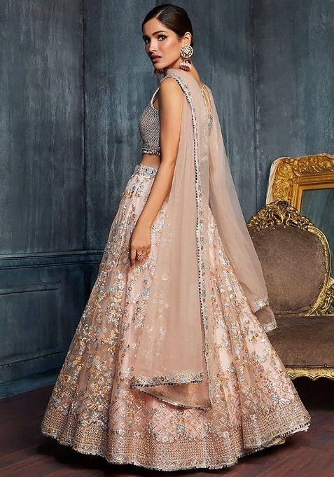 Peach Embroidererd Net Lehenga Set With Dupatta