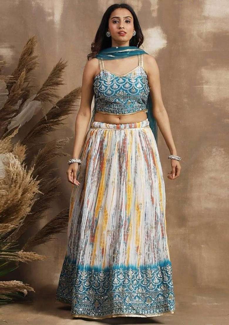 White Embroidererd Silk Blend Lehenga Set With Dupatta - Indya