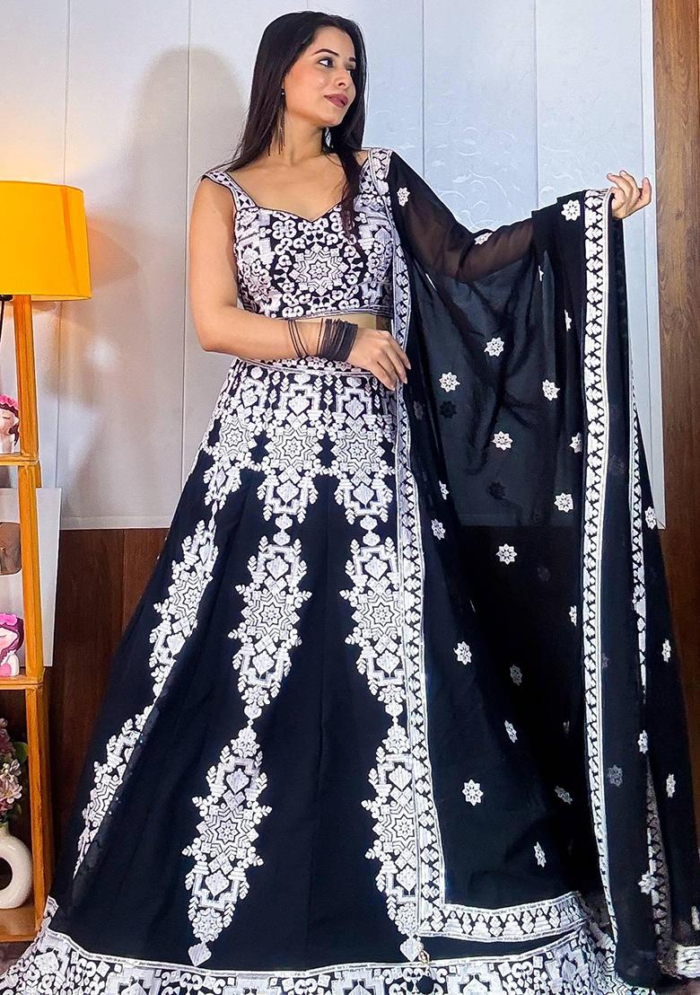 Black Embroidererd Georgette Lehenga Set With Dupatta