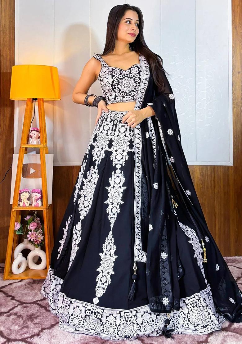 Black Embroidererd Georgette Lehenga Set With Dupatta