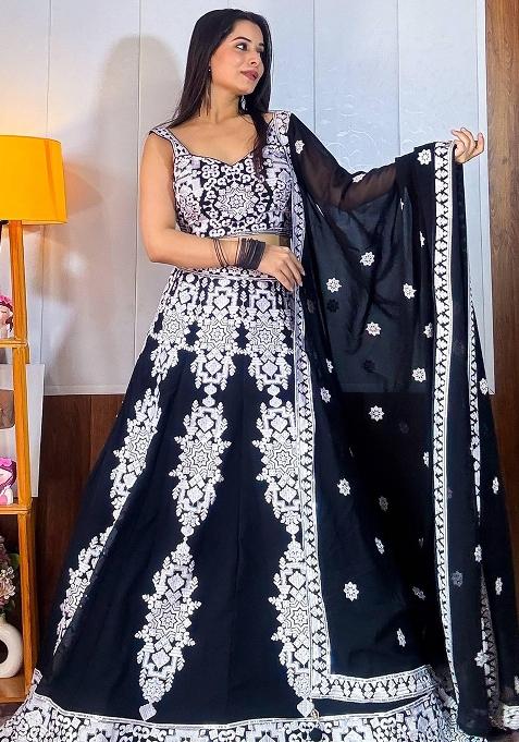 Black Embroidererd Georgette Lehenga Set With Dupatta