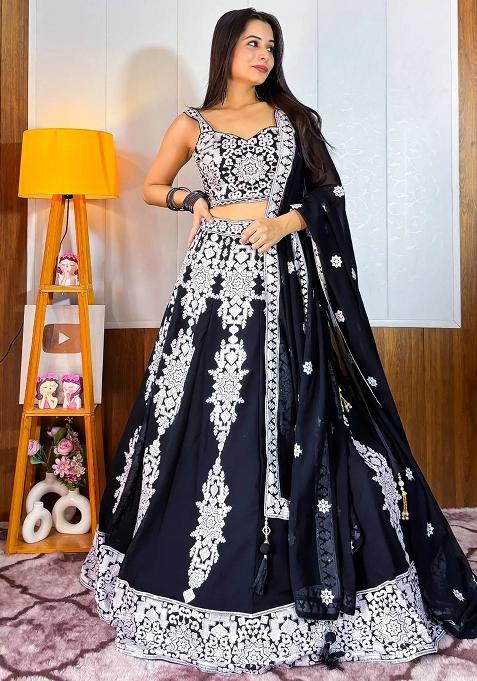 Black Embroidererd Georgette Lehenga Set With Dupatta