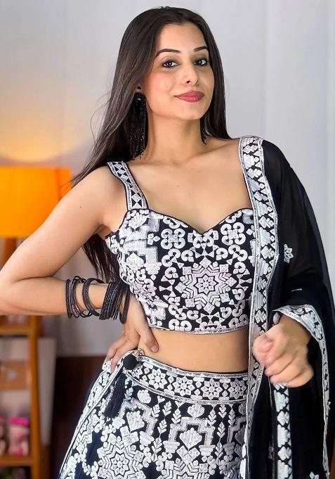 Black Embroidererd Georgette Lehenga Set With Dupatta