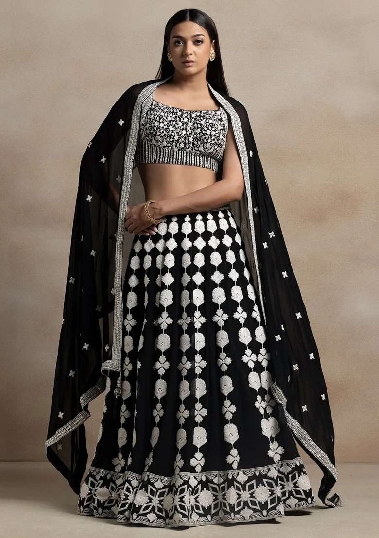 Black Embroidererd With Dupatta Georgette Lehenga Set for Diwali | Wedding & Festive Wear - Indya