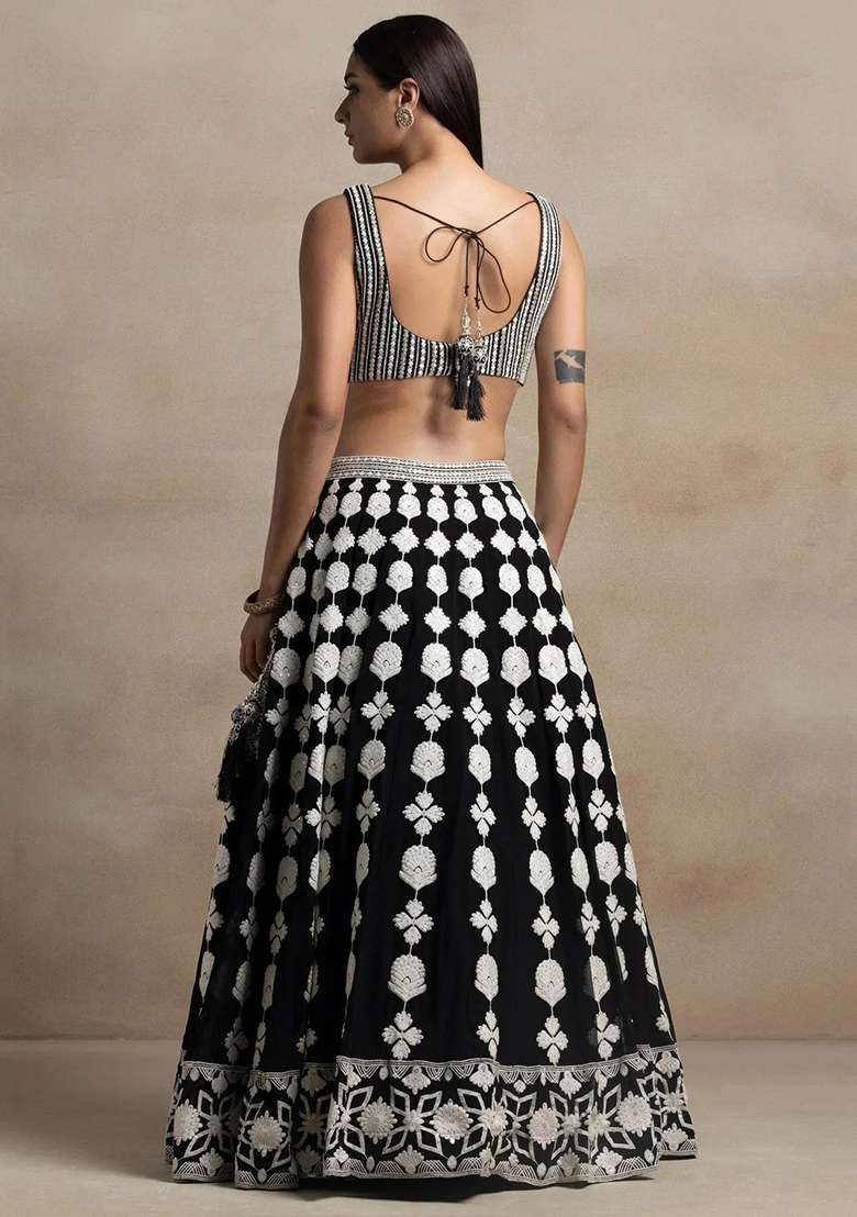 Black Embroidererd With Dupatta Georgette Lehenga Set for Diwali | Wedding & Festive Wear - Indya