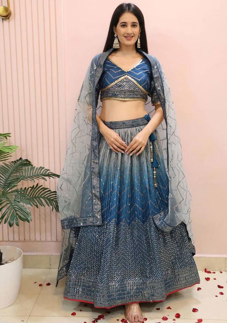 Blue Embroidererd Silk Lehenga Set With Dupatta