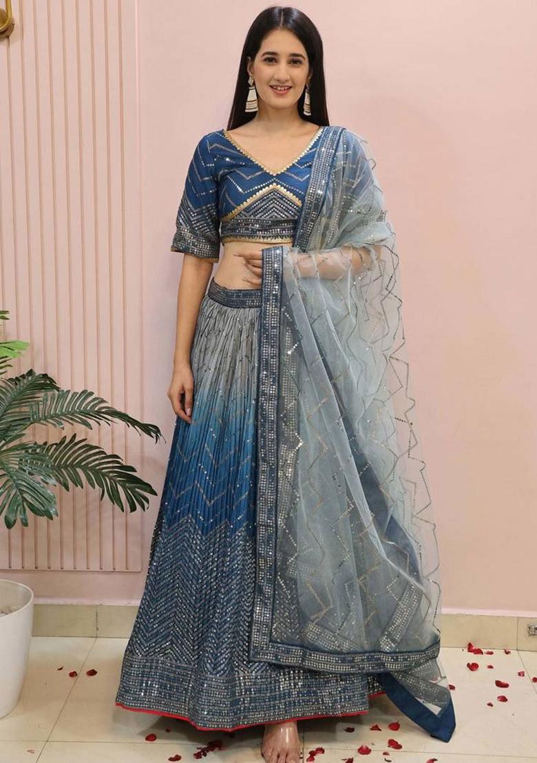 Blue Embroidererd Silk Lehenga Set With Dupatta