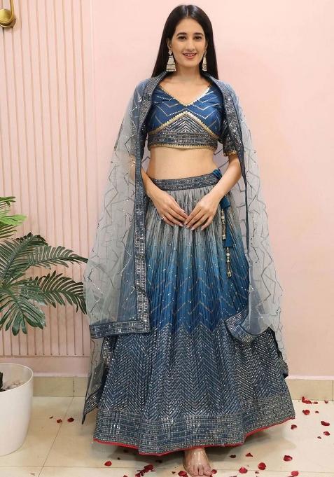 Blue Embroidererd Silk Lehenga Set With Dupatta