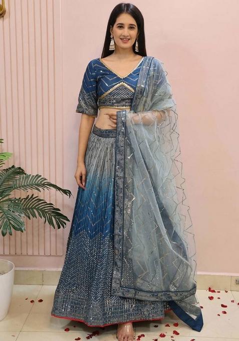 Blue Embroidererd Silk Lehenga Set With Dupatta