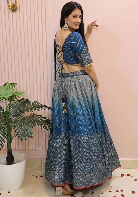 Blue Embroidererd Silk Lehenga Set With Dupatta