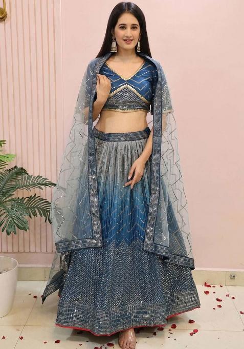 Blue Embroidererd Silk Lehenga Set With Dupatta