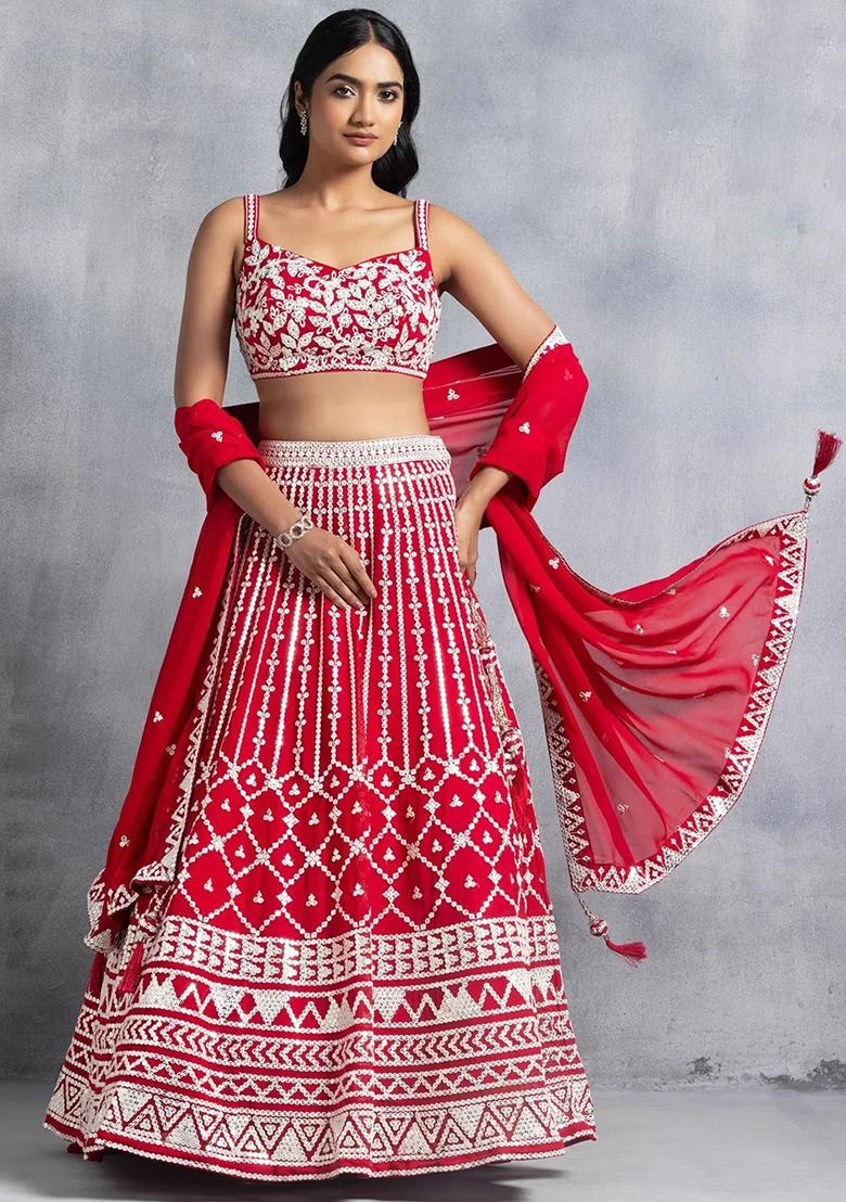 Red Embroidererd Georgette Lehenga Set With Dupatta