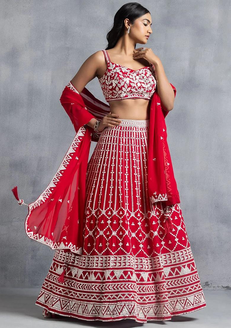 Red Embroidererd Georgette Lehenga Set With Dupatta