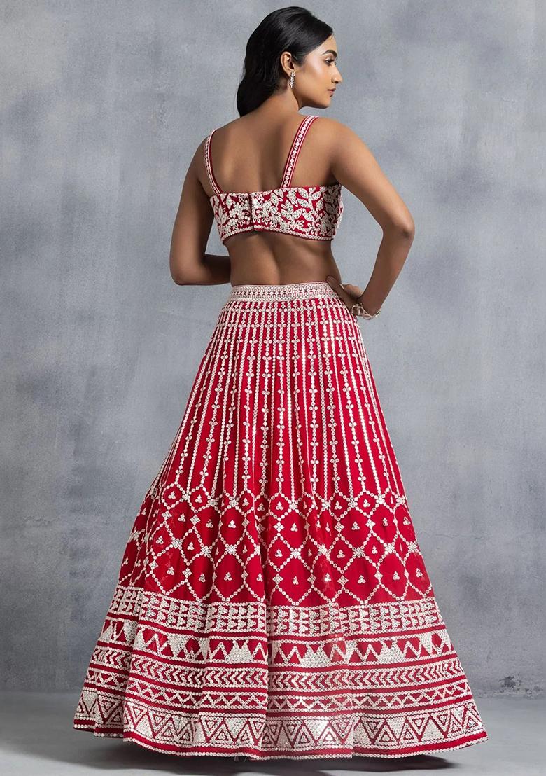 Red Embroidererd Georgette Lehenga Set With Dupatta
