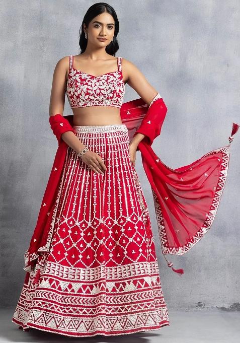 Red Embroidererd Georgette Lehenga Set With Dupatta
