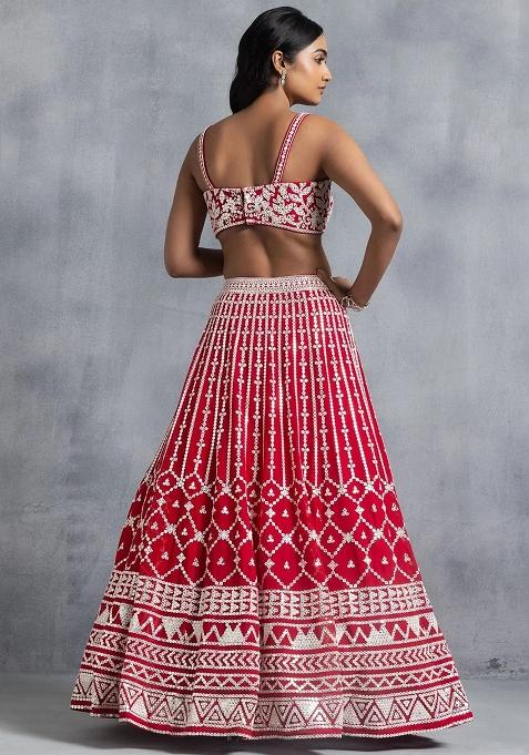 Red Embroidererd Georgette Lehenga Set With Dupatta