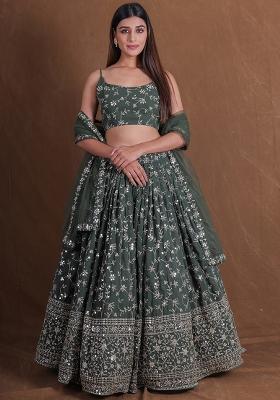 Olive Embroidererd Georgette Lehenga Set With Dupatta