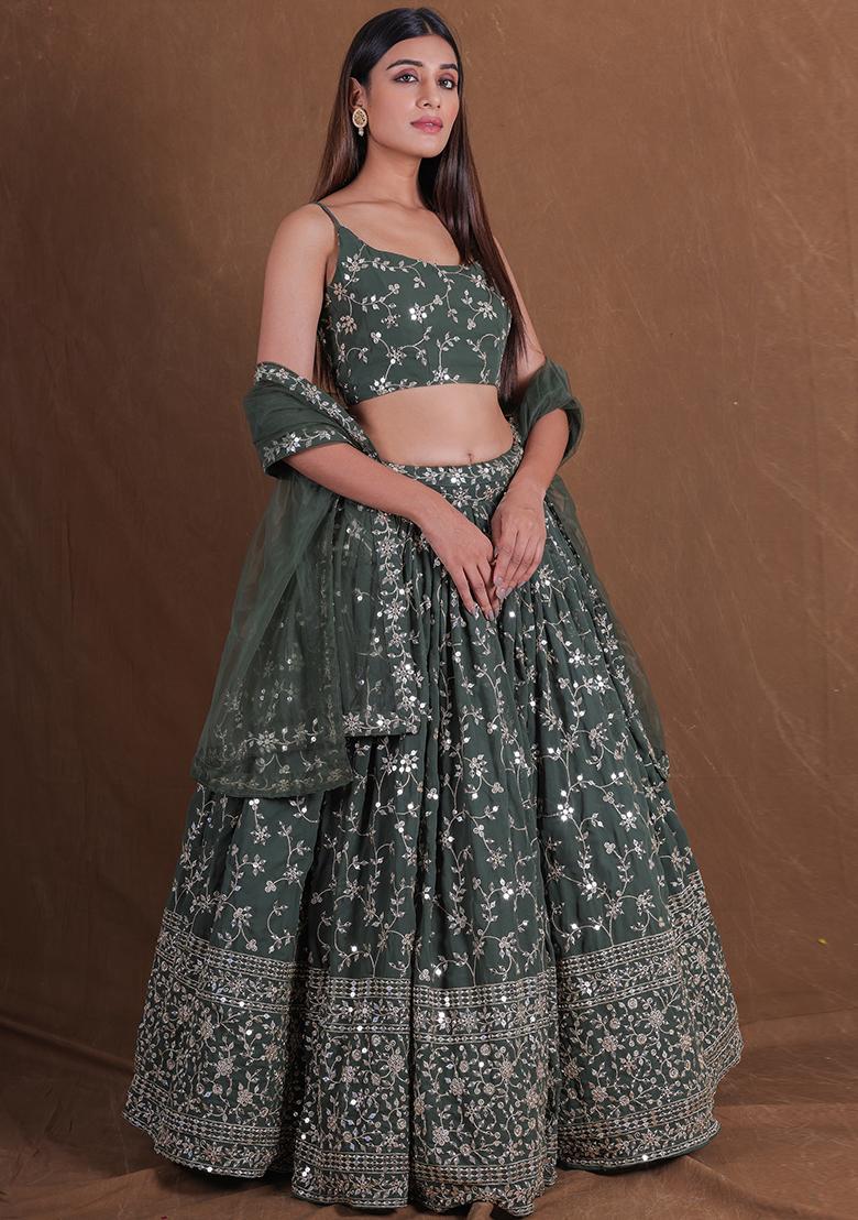 Olive Embroidererd Georgette Lehenga Set With Dupatta