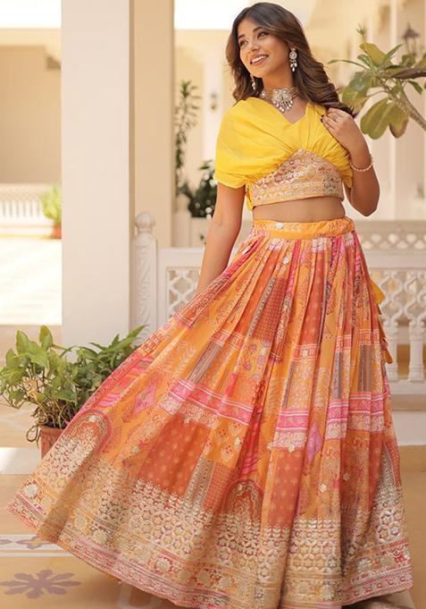 Yellow Printed Russian Silk Lehenga Set