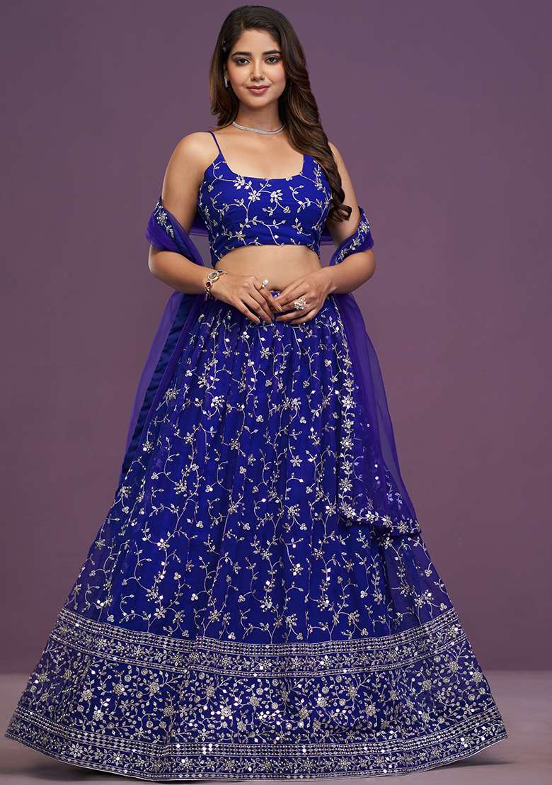 Royal Blue Embroidererd With Dupatta Georgette Lehenga Set for Diwali | Wedding & Festive Wear - Indya