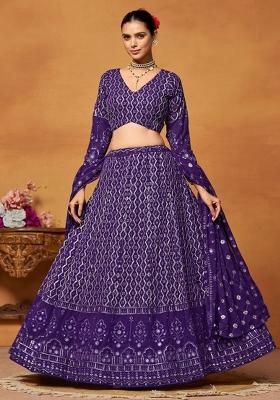Blue Embroidererd Georgette Lehenga Set With Dupatta