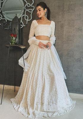 White Embroidererd Georgette Lehenga Set With Dupatta