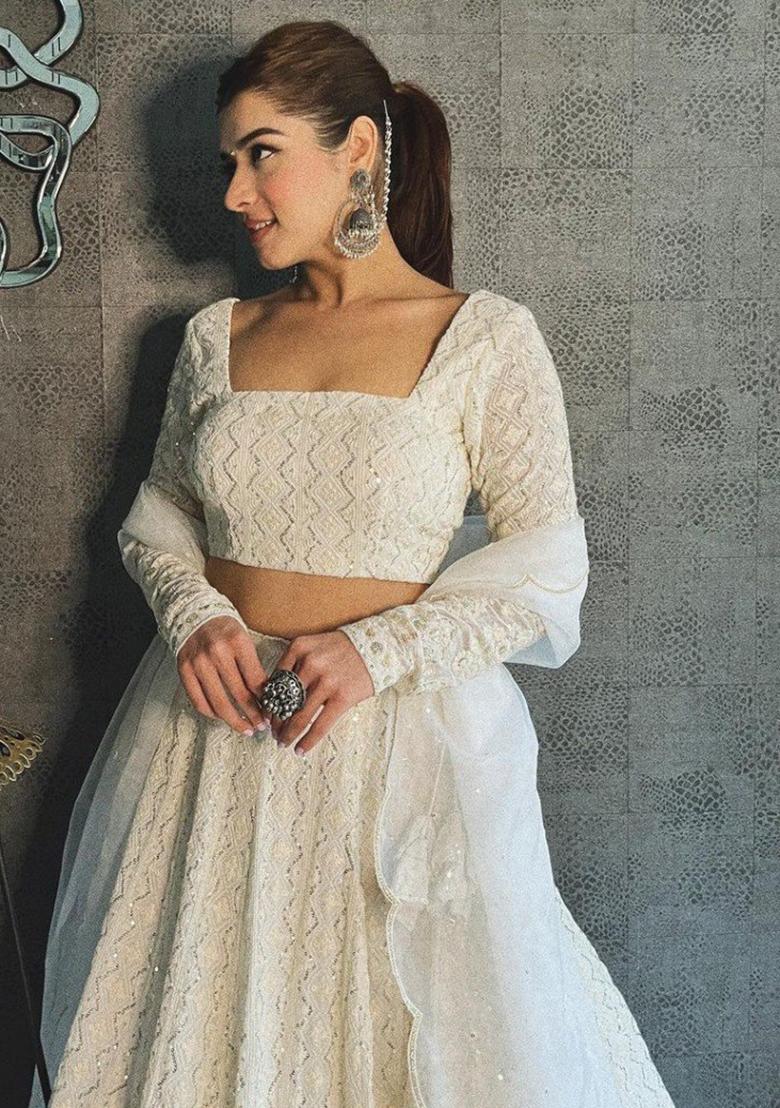 White Embroidererd Georgette Lehenga Set With Dupatta