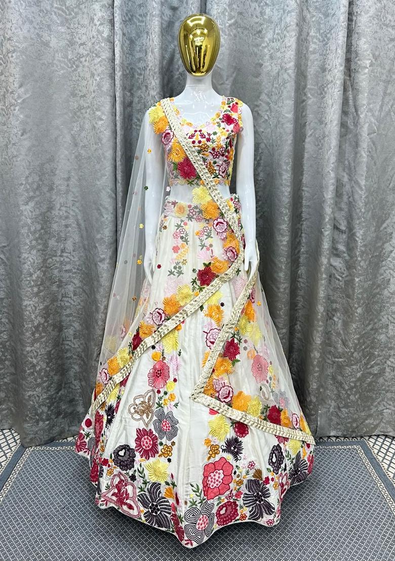 White Embroidererd Georgette Lehenga Set With Dupatta