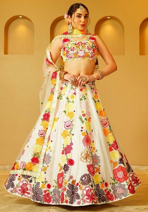 White Embroidererd Georgette Lehenga Set With Dupatta — view on Indya