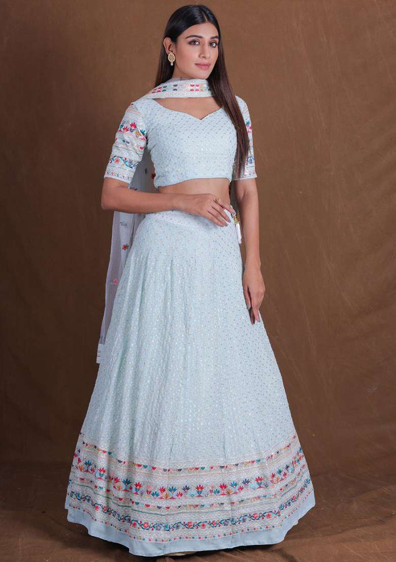 Aqua Blue Embroidererd With Dupatta Georgette Lehenga Set for Diwali | Wedding & Festive Wear - Indya