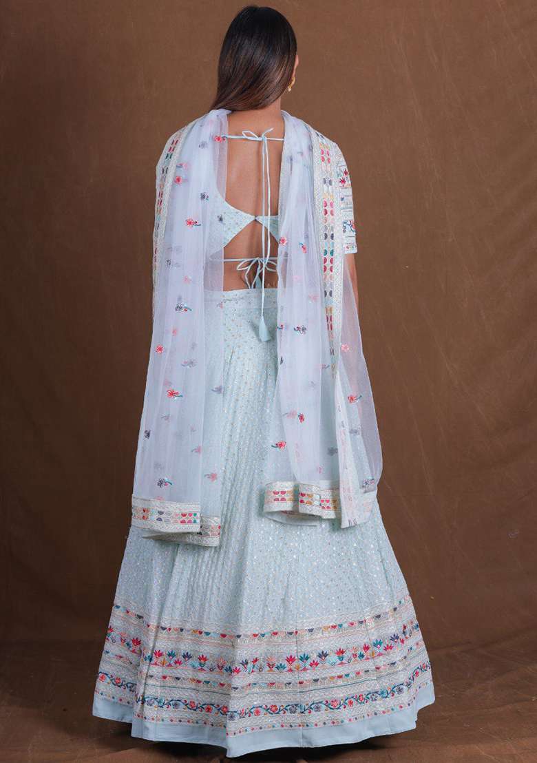 Aqua Blue Embroidererd With Dupatta Georgette Lehenga Set for Diwali | Wedding & Festive Wear - Indya