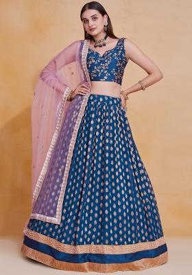 Blue Embroidererd Georgette Lehenga Set With Dupatta