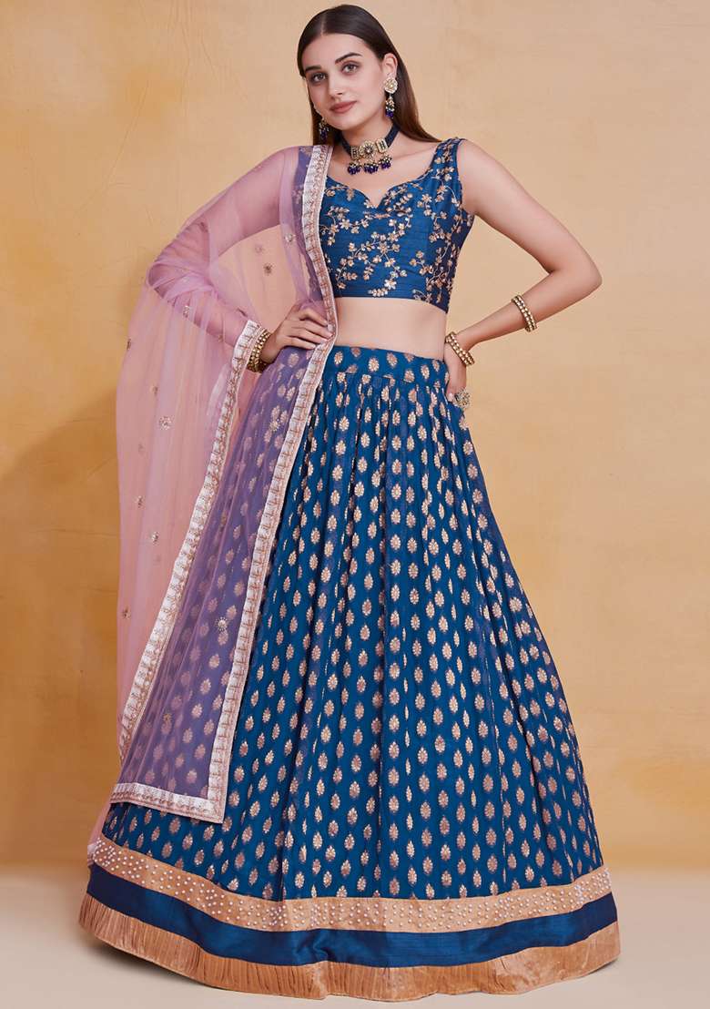 Blue Embroidererd Georgette Lehenga Set With Dupatta for Diwali and Festive Wear - Indya
