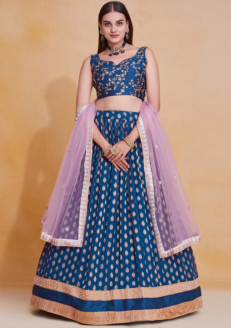 Blue Embroidererd Georgette Lehenga Set With Dupatta