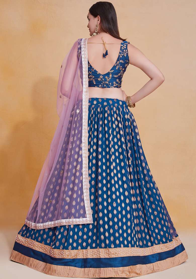 Blue Embroidererd Georgette Lehenga Set With Dupatta for Diwali and Festive Wear - Indya