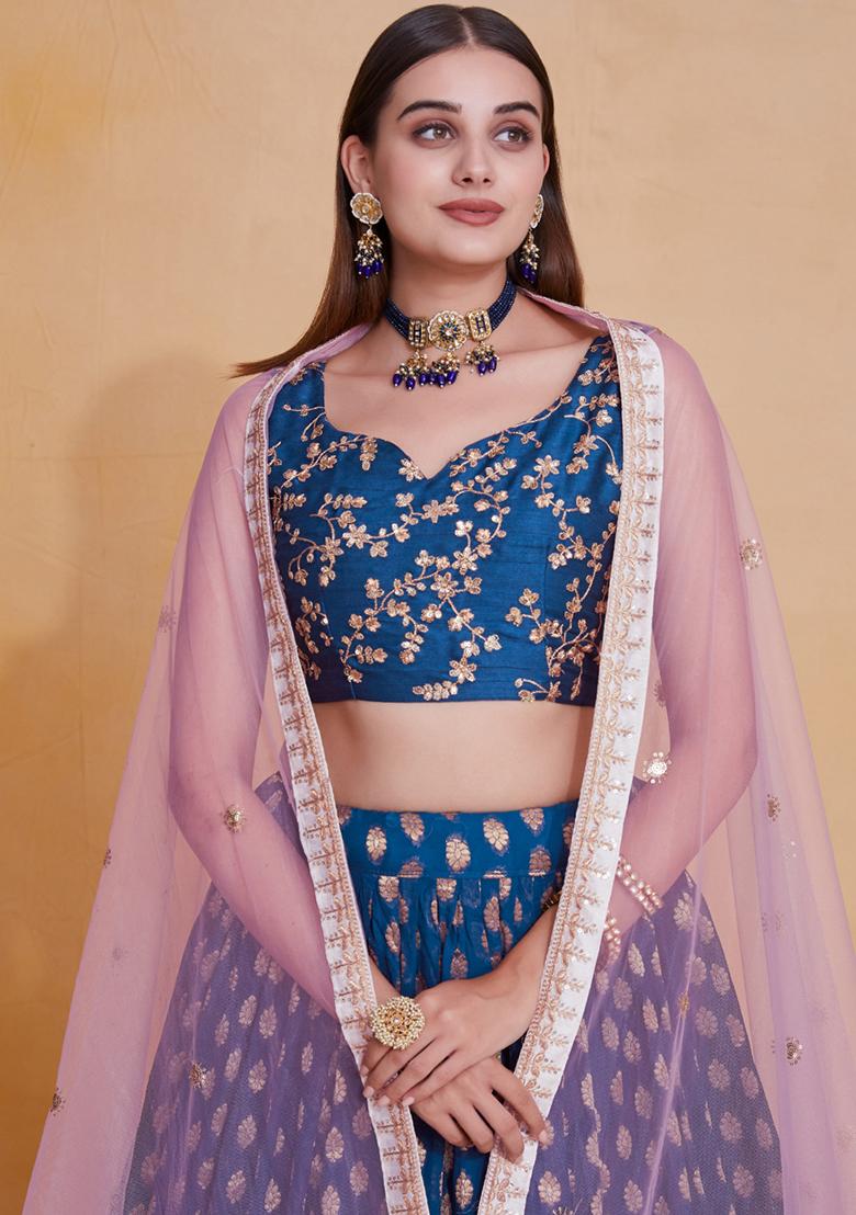 Blue Embroidererd Georgette Lehenga Set With Dupatta