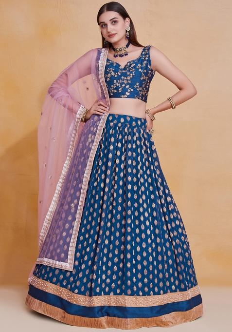 Blue Embroidererd Georgette Lehenga Set With Dupatta