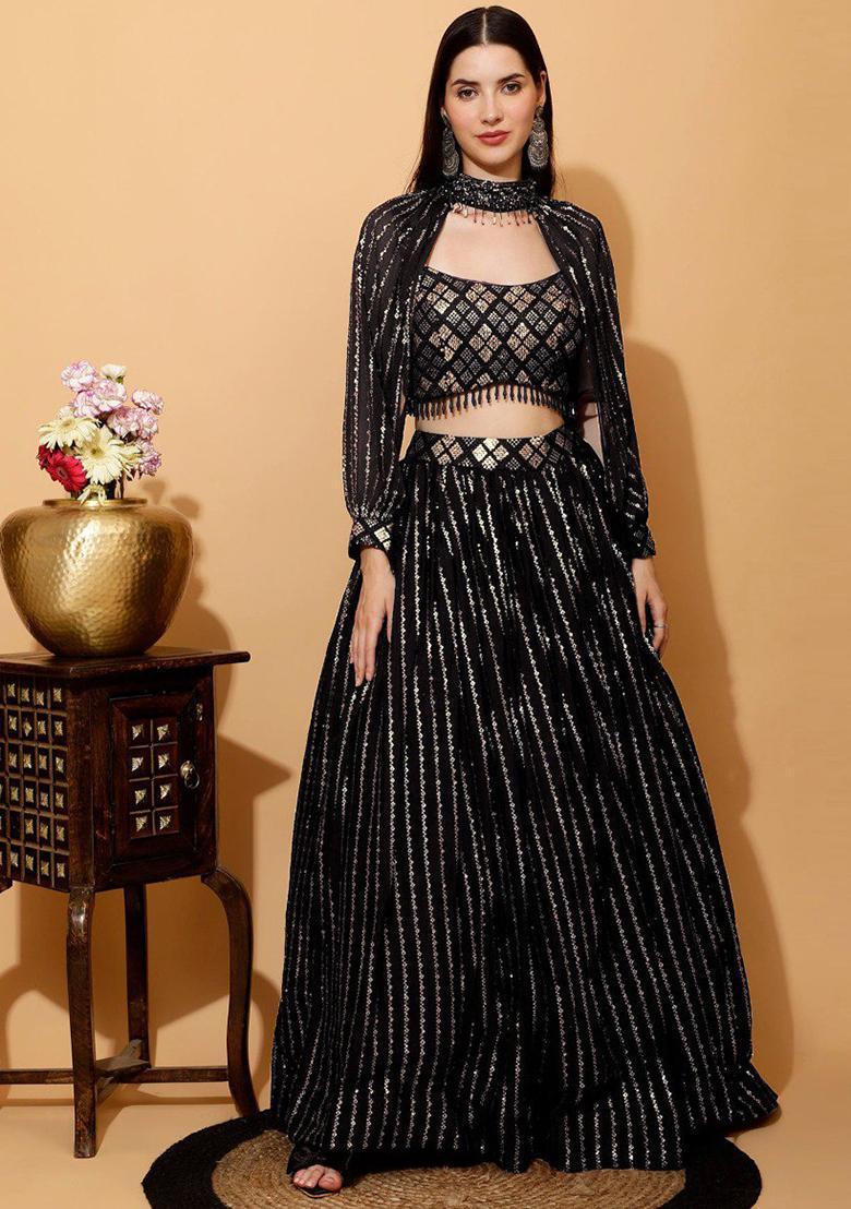 Black Embroidererd Georgette Lehenga Set With Dupatta