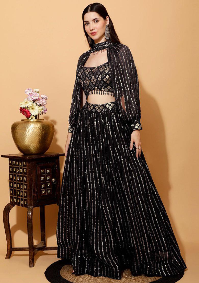 Black Embroidererd Georgette Lehenga Set With Dupatta
