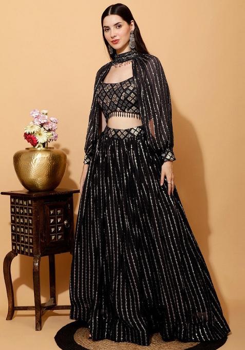 Black Embroidererd Georgette Lehenga Set With Dupatta