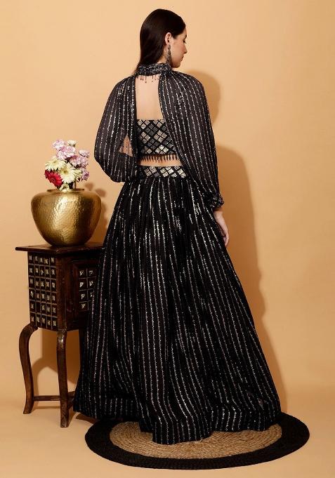 Black Embroidererd Georgette Lehenga Set With Dupatta