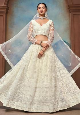 White Embroidererd Georgette Lehenga Set With Dupatta
